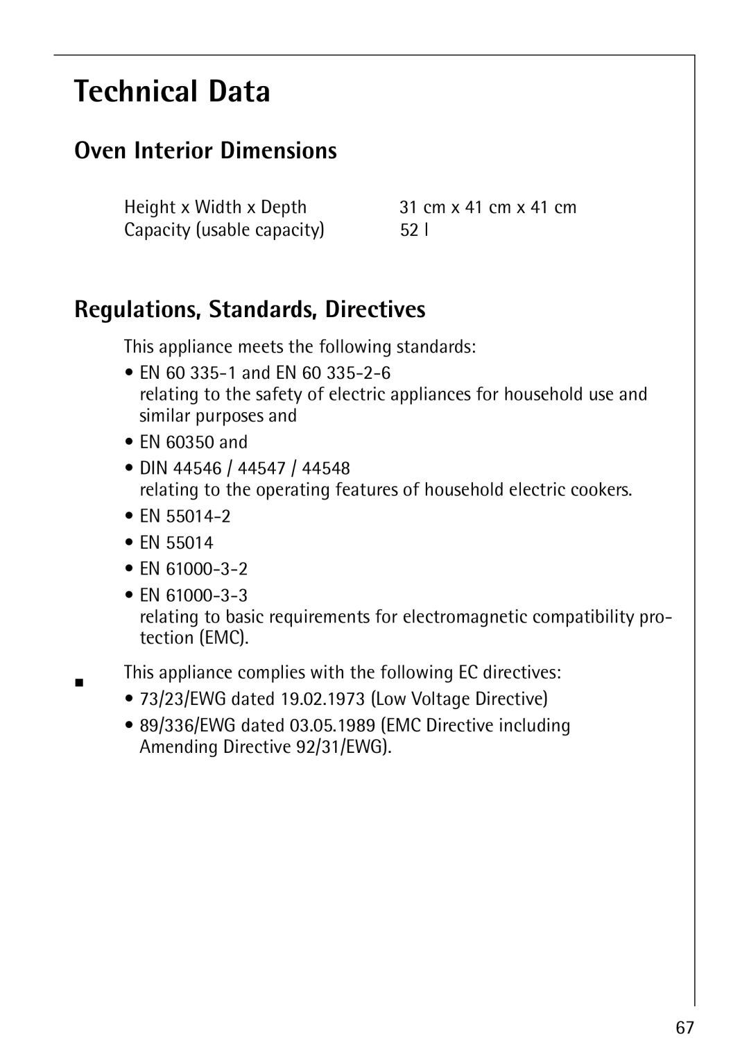 Electrolux B8100-1 Technical Data, Oven Interior Dimensions, Regulations, Standards, Directives, Height x Width x Depth 