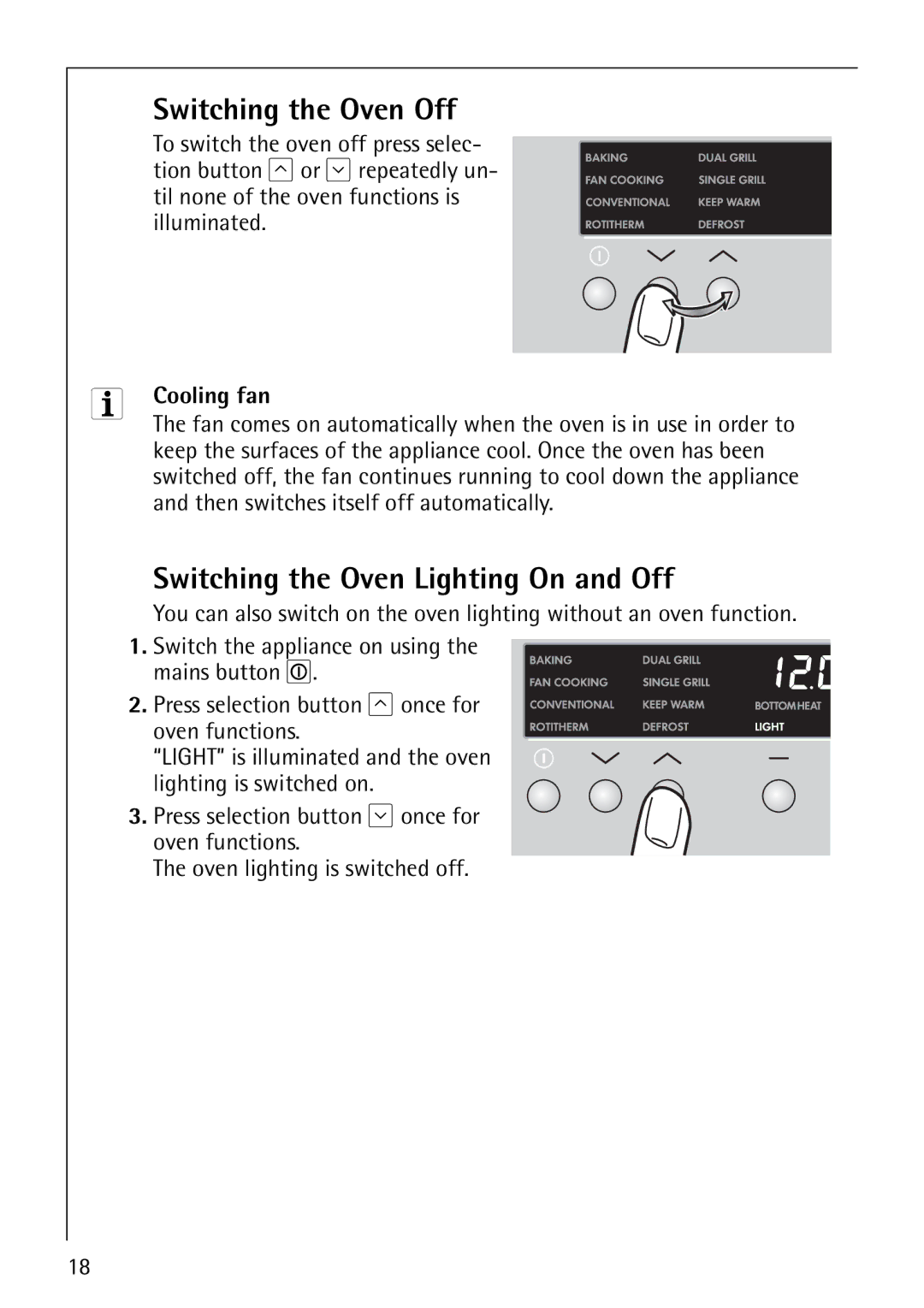 Electrolux B8140-1 manual Switching the Oven Off, Switching the Oven Lighting On and Off, Cooling fan 