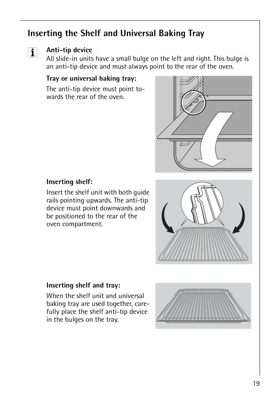 Electrolux B8140-1 manual Inserting the Shelf and Universal Baking Tray, Anti-tip device, Tray or universal baking tray 