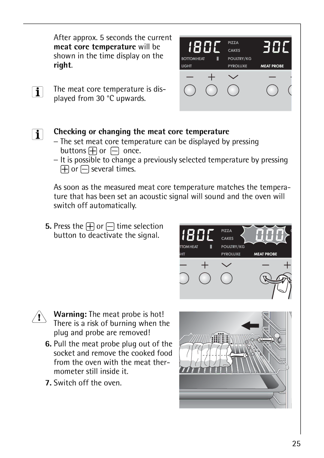 Electrolux B8140-1 manual Plug and probe are removed, Switch off the oven, Checking or changing the meat core temperature 