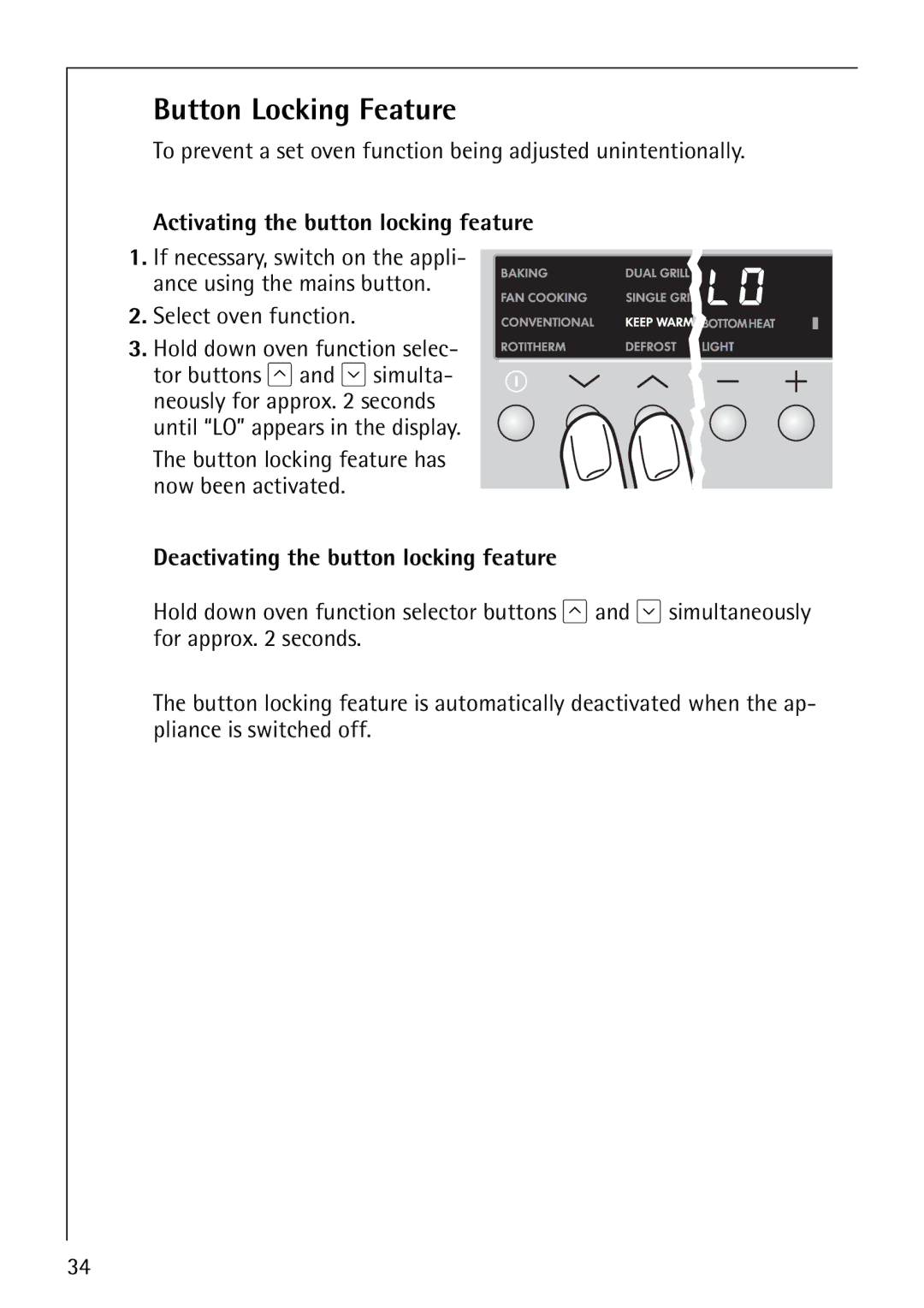 Electrolux B8140-1 Button Locking Feature, Activating the button locking feature, Deactivating the button locking feature 