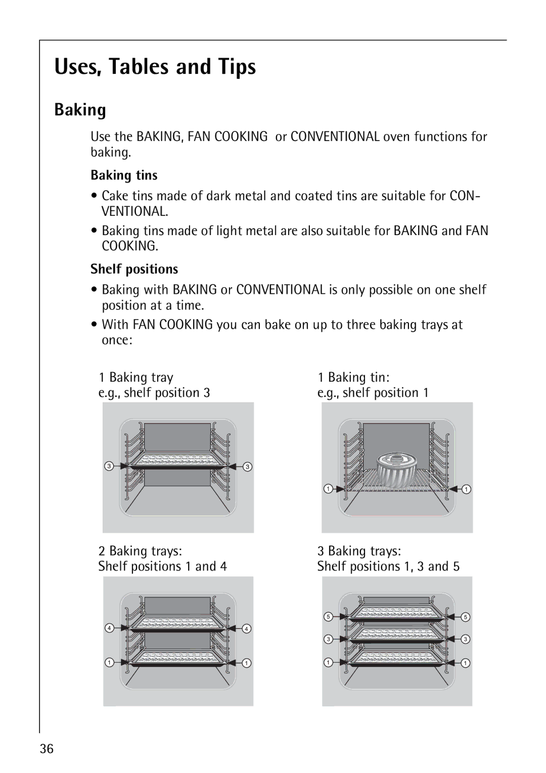 Electrolux B8140-1 manual Uses, Tables and Tips, Baking tins, Shelf positions 