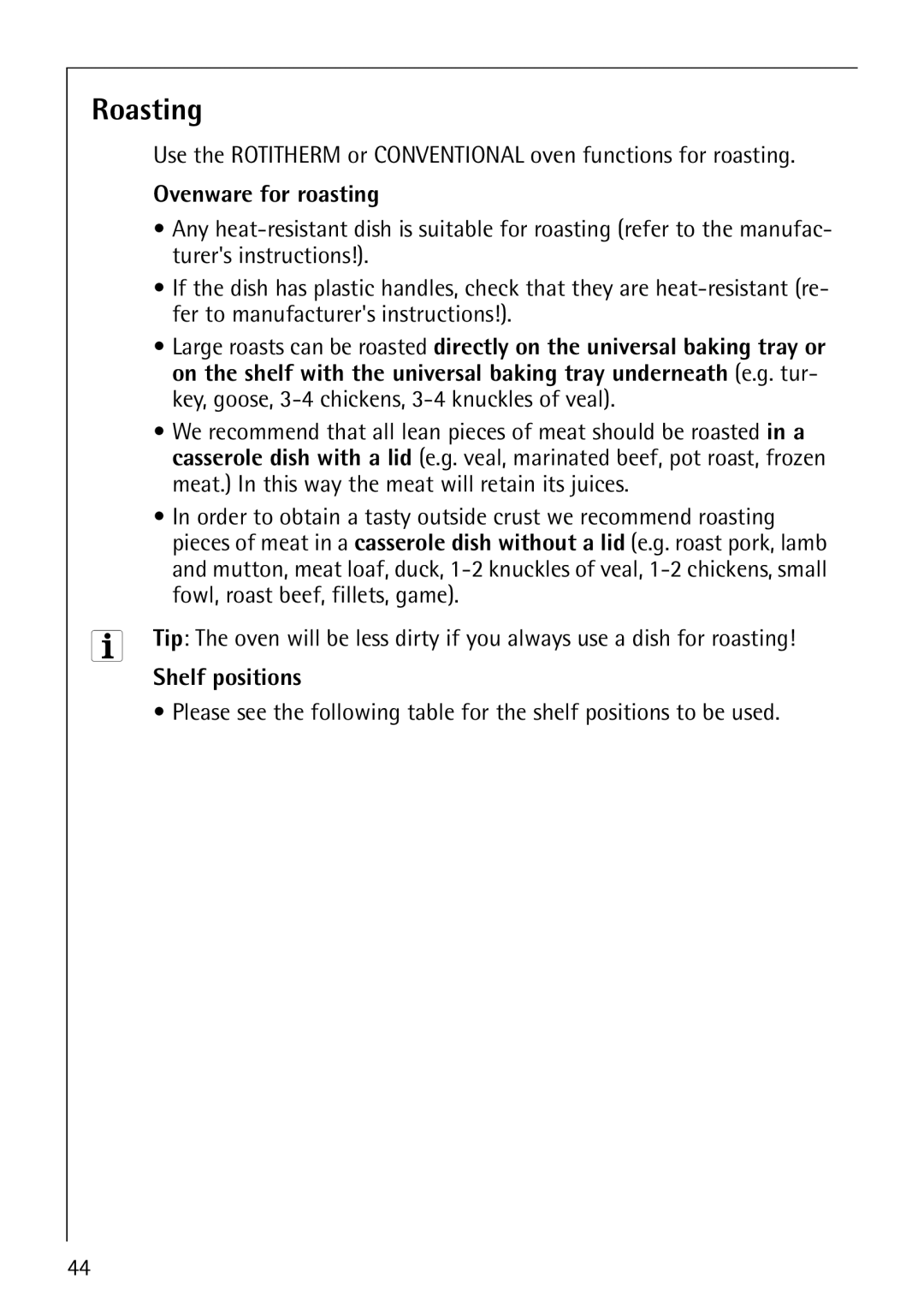 Electrolux B8140-1 manual Roasting, Ovenware for roasting 