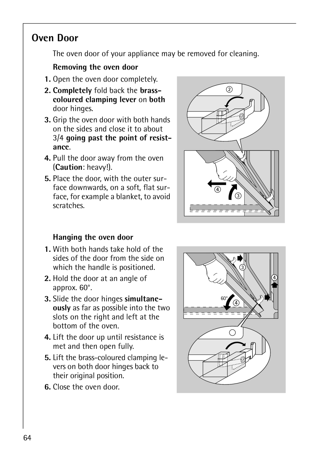 Electrolux B8140-1 manual Oven Door, Removing the oven door, Hanging the oven door 