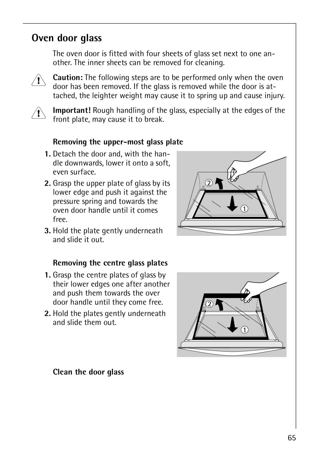 Electrolux B8140-1 manual Oven door glass, Removing the upper-most glass plate, Removing the centre glass plates 