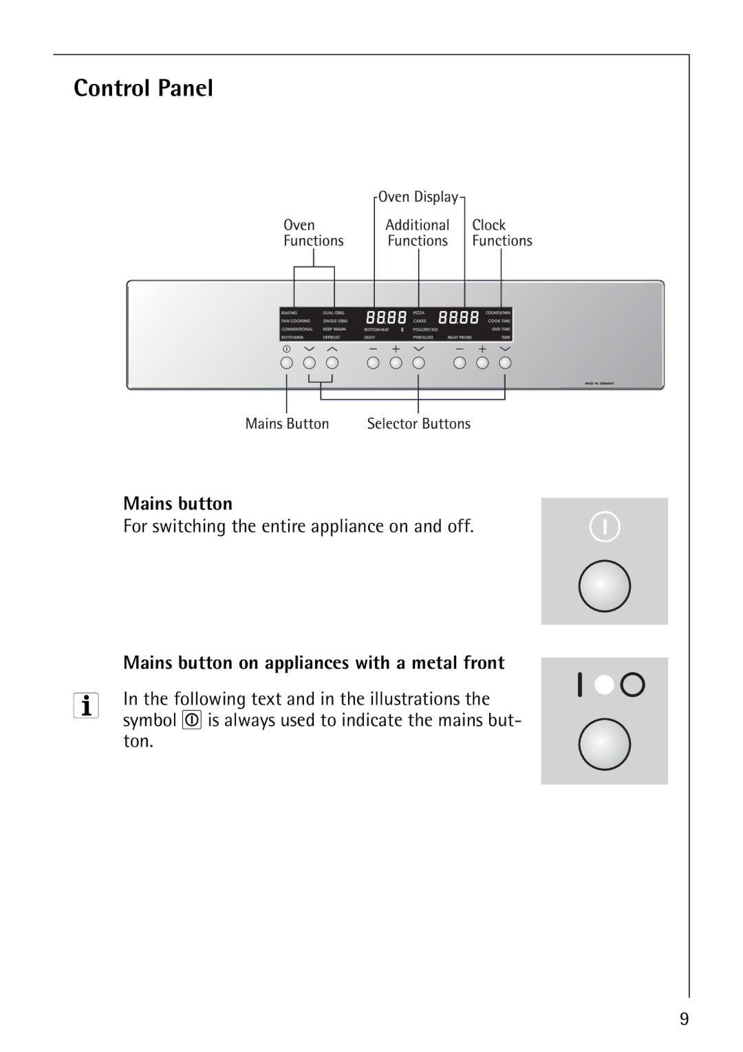 Electrolux B8140-1 manual Control Panel, Mains button, For switching the entire appliance on and off, Ton 