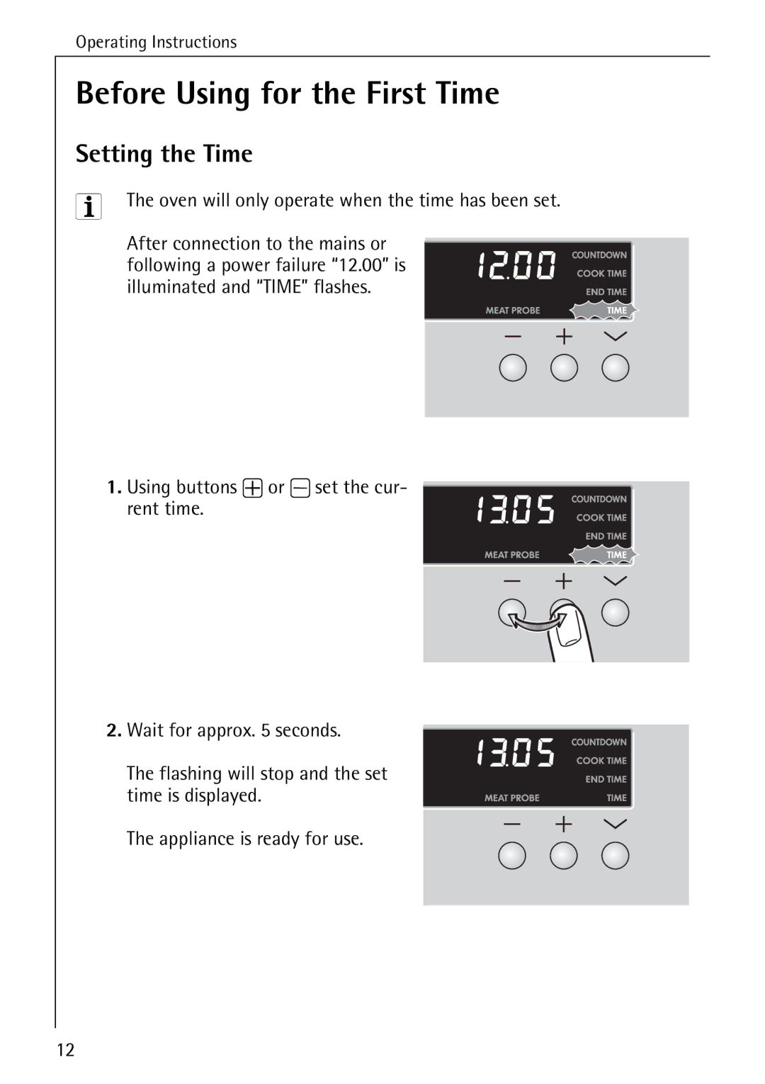 Electrolux B8340-1 Before Using for the First Time, Setting the Time, Oven will only operate when the time has been set 