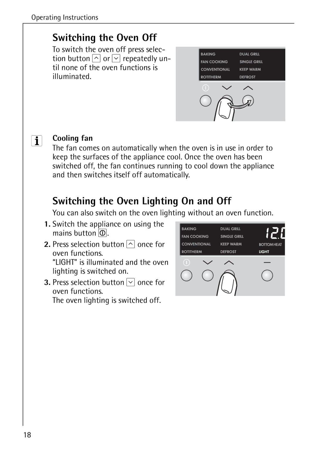 Electrolux B8340-1 manual Switching the Oven Off, Switching the Oven Lighting On and Off, Cooling fan 