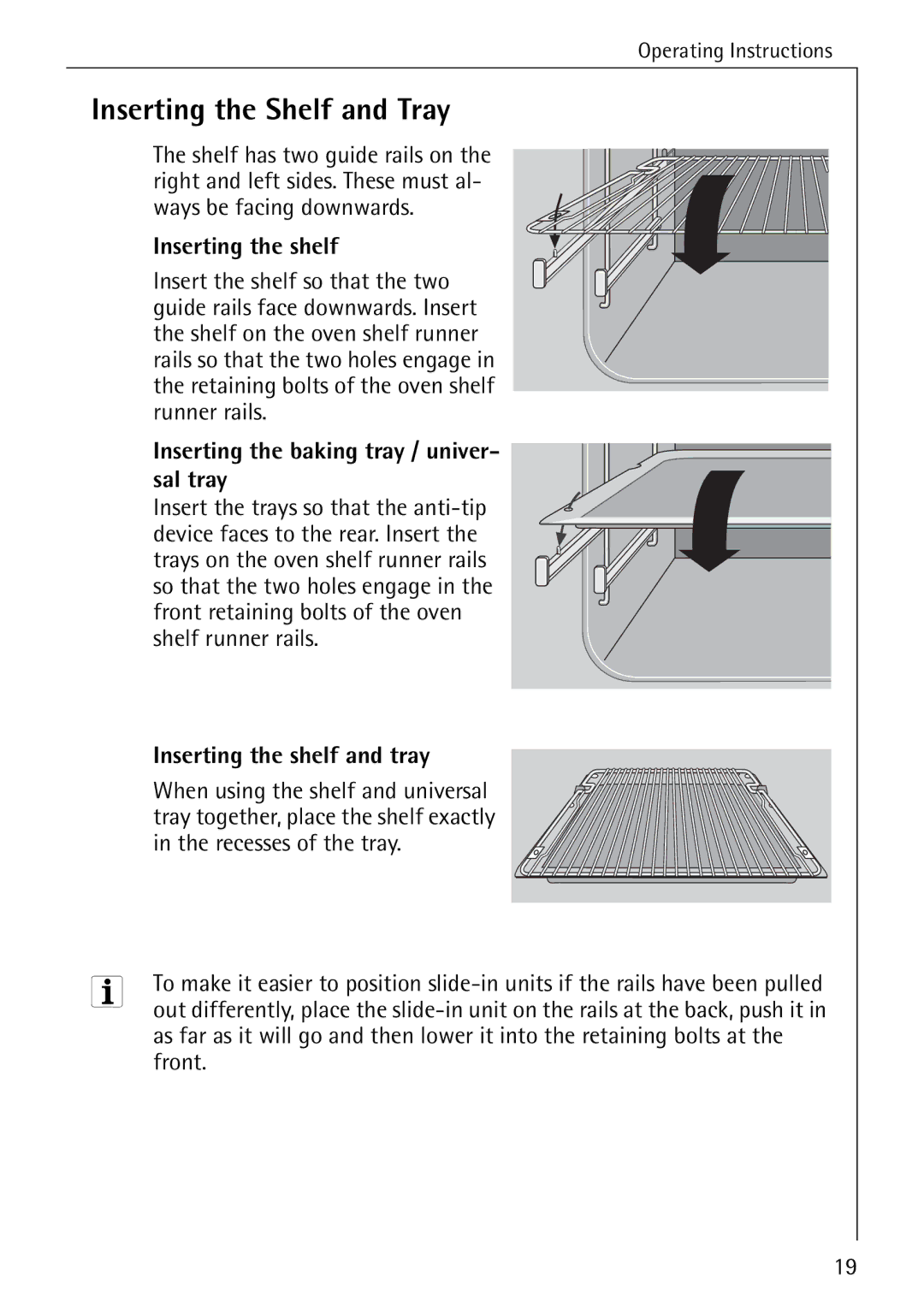 Electrolux B8340-1 manual Inserting the Shelf and Tray, Inserting the shelf, Inserting the baking tray / univer- sal tray 