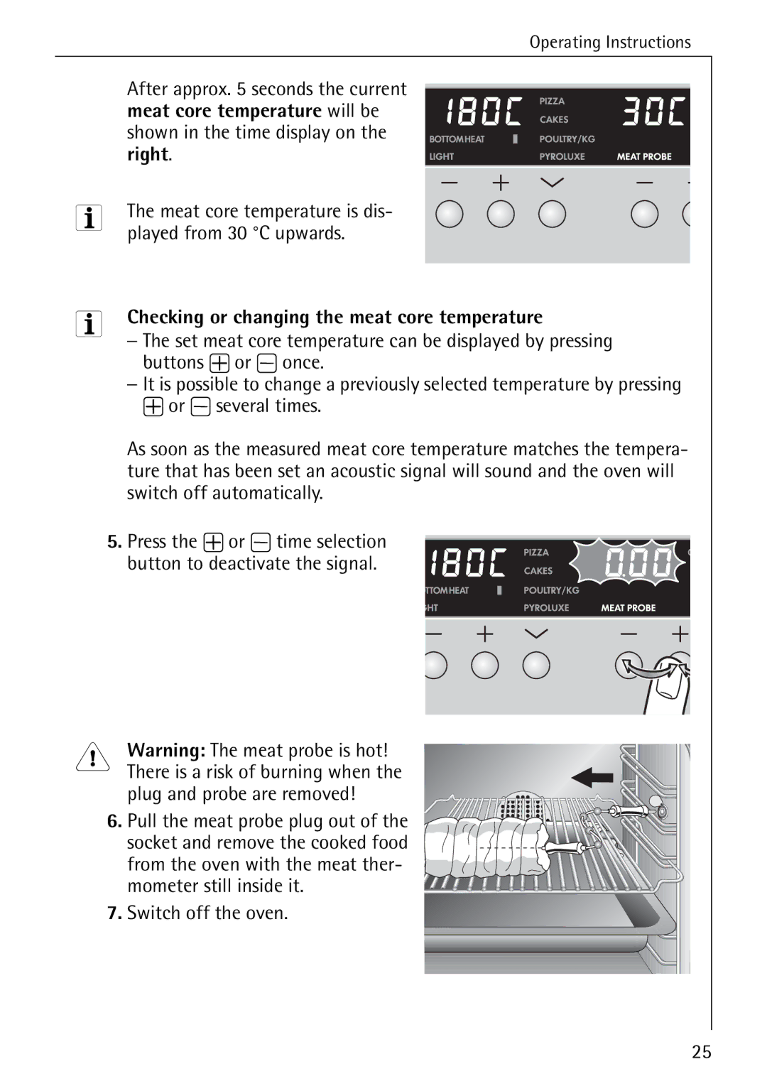 Electrolux B8340-1 manual Plug and probe are removed, Switch off the oven, Checking or changing the meat core temperature 