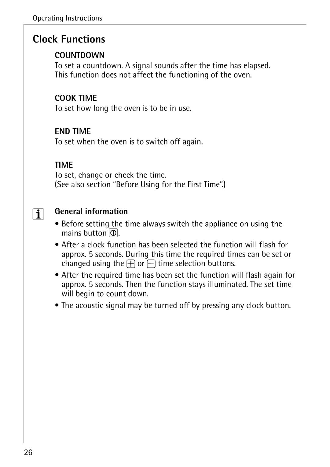 Electrolux B8340-1 Clock Functions, To set how long the oven is to be in use, To set when the oven is to switch off again 