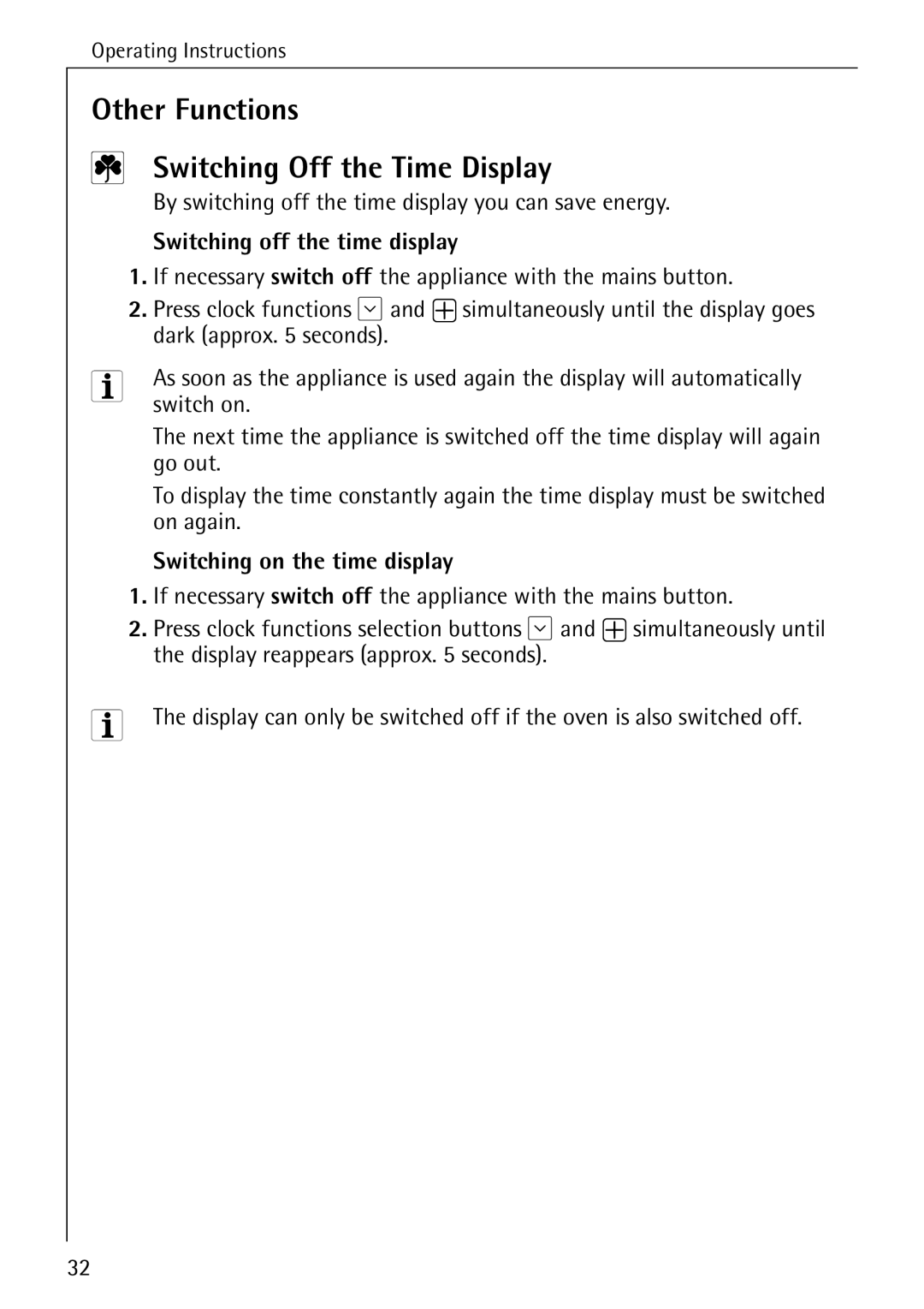 Electrolux B8340-1 Other Functions Switching Off the Time Display, By switching off the time display you can save energy 
