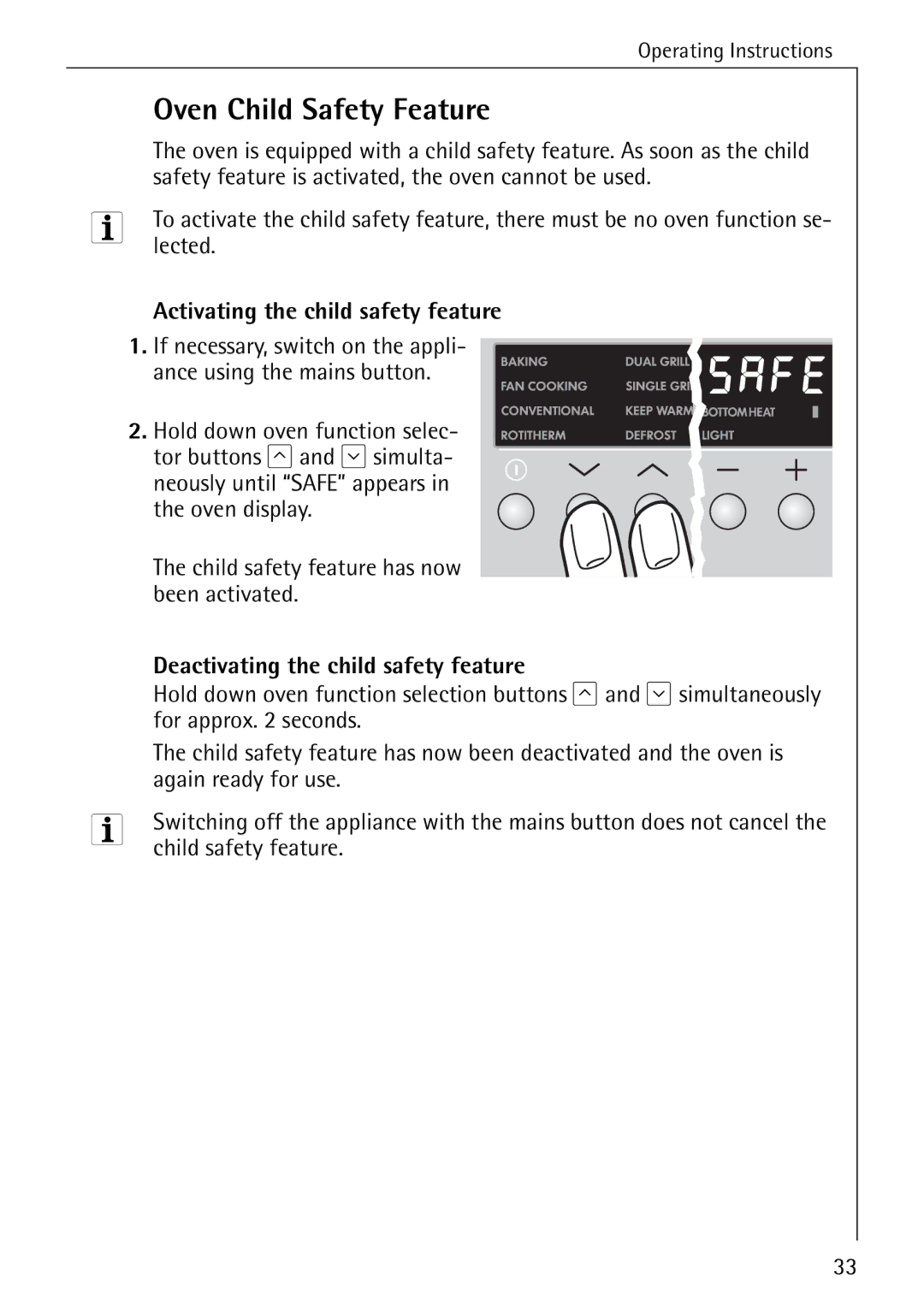 Electrolux B8340-1 Oven Child Safety Feature, Activating the child safety feature, Deactivating the child safety feature 