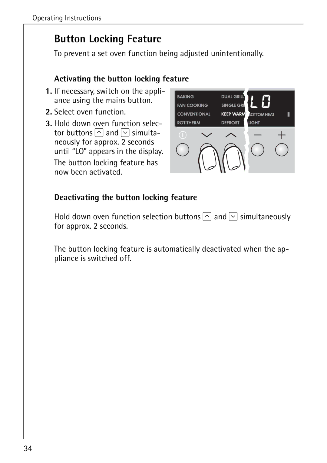 Electrolux B8340-1 Button Locking Feature, Activating the button locking feature, Deactivating the button locking feature 