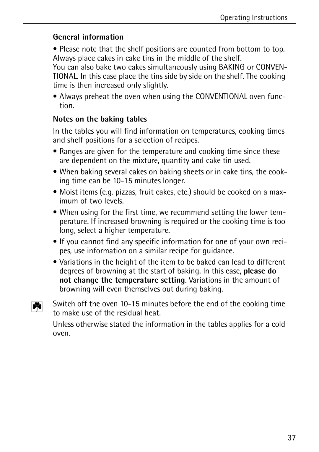 Electrolux B8340-1 manual General information, To make use of the residual heat 