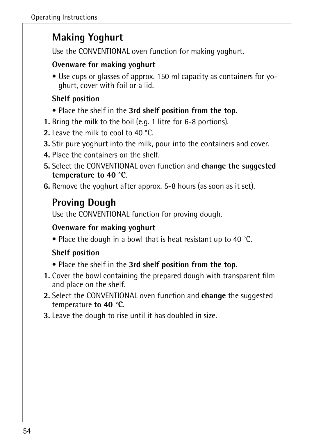 Electrolux B8340-1 manual Making Yoghurt, Proving Dough, Ovenware for making yoghurt 