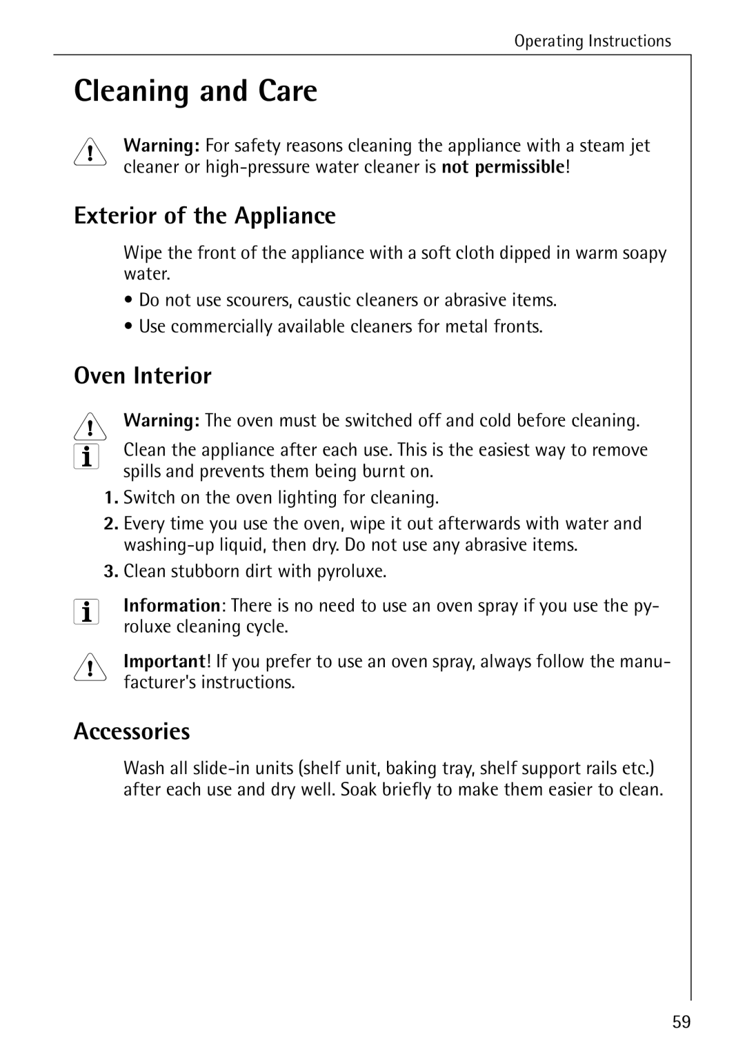 Electrolux B8340-1 manual Cleaning and Care, Exterior of the Appliance, Oven Interior, Accessories 