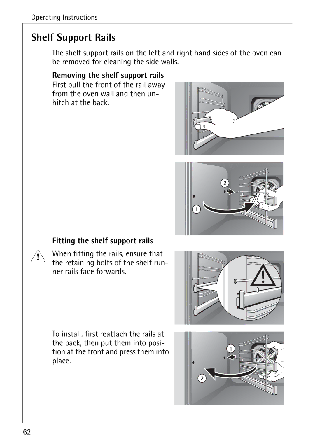 Electrolux B8340-1 manual Shelf Support Rails, Removing the shelf support rails, Fitting the shelf support rails 