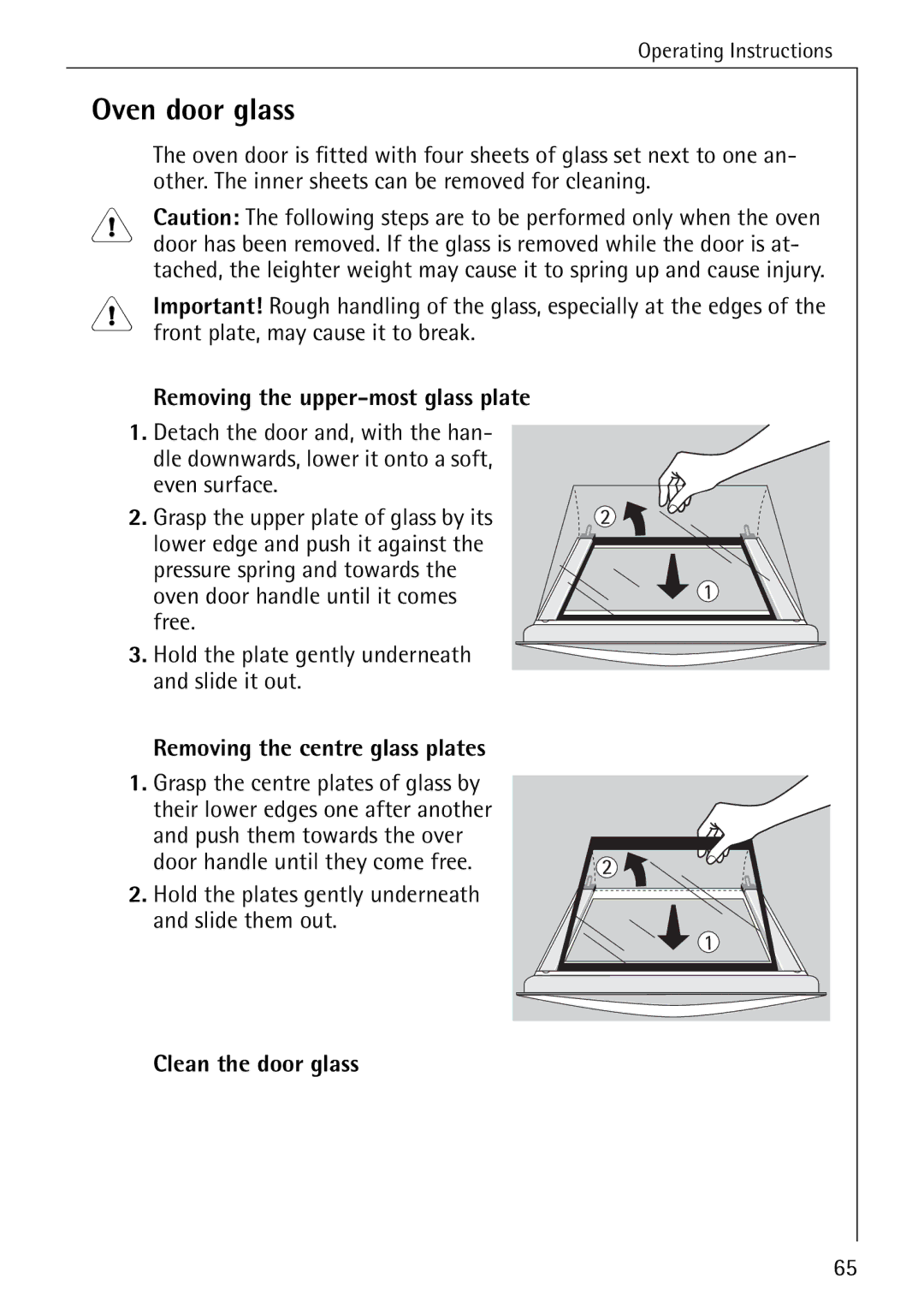 Electrolux B8340-1 manual Oven door glass, Removing the upper-most glass plate, Removing the centre glass plates 