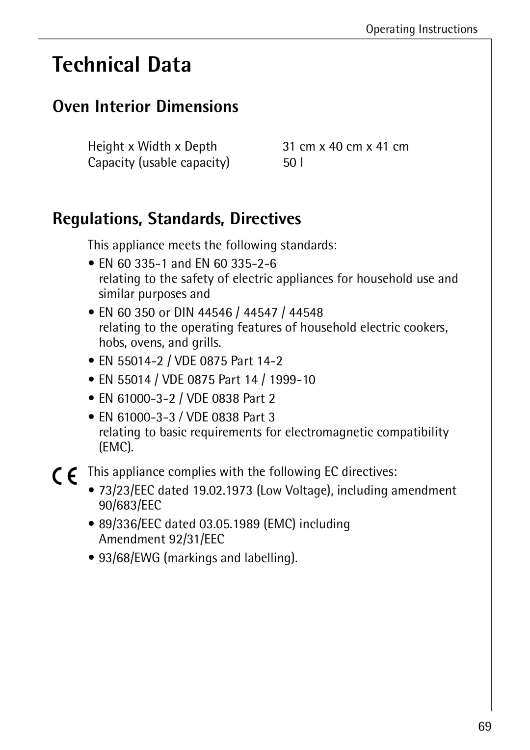 Electrolux B8340-1 Technical Data, Oven Interior Dimensions, Regulations, Standards, Directives, Height x Width x Depth 