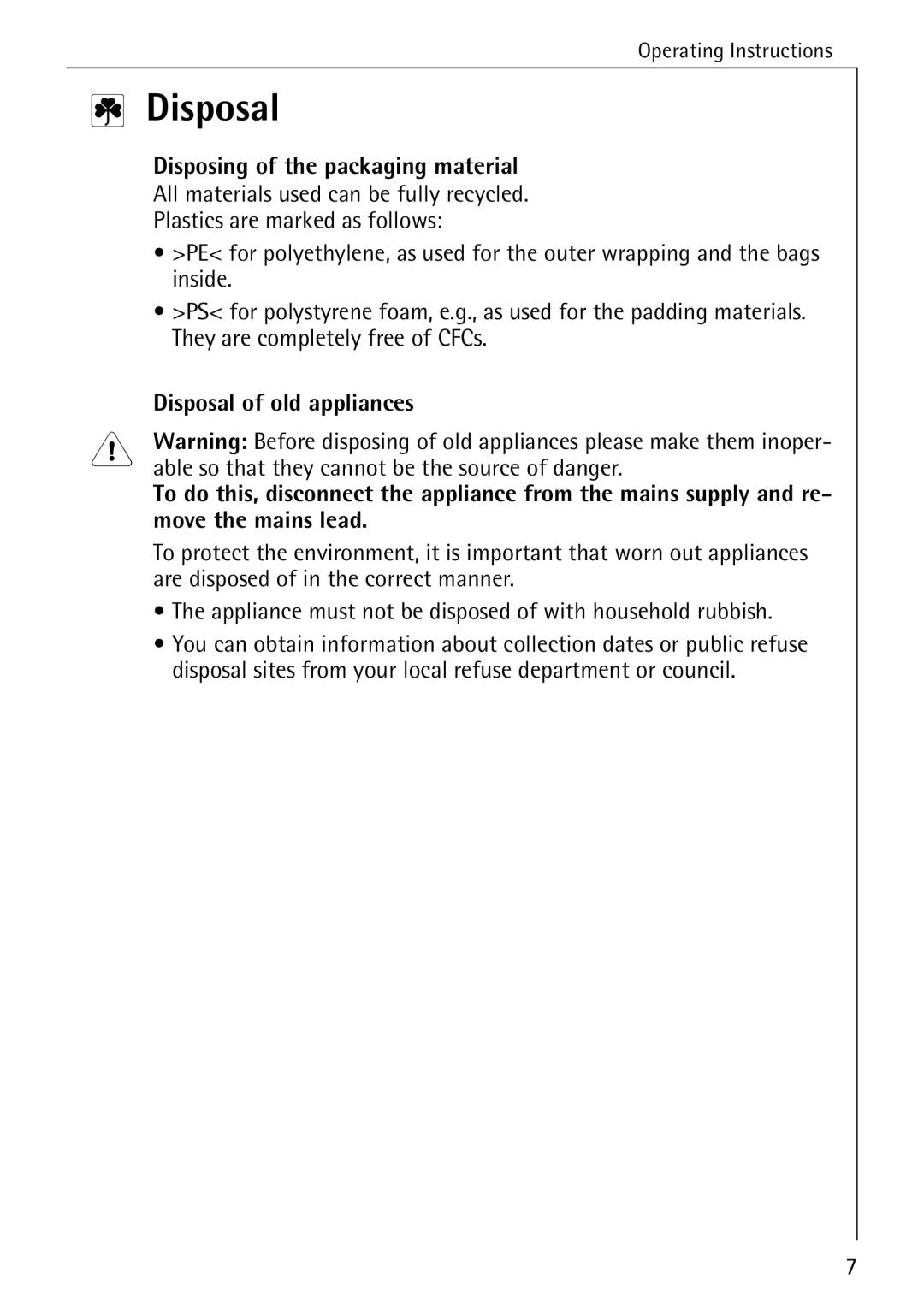 Electrolux B8340-1 manual Disposing of the packaging material, Disposal of old appliances 