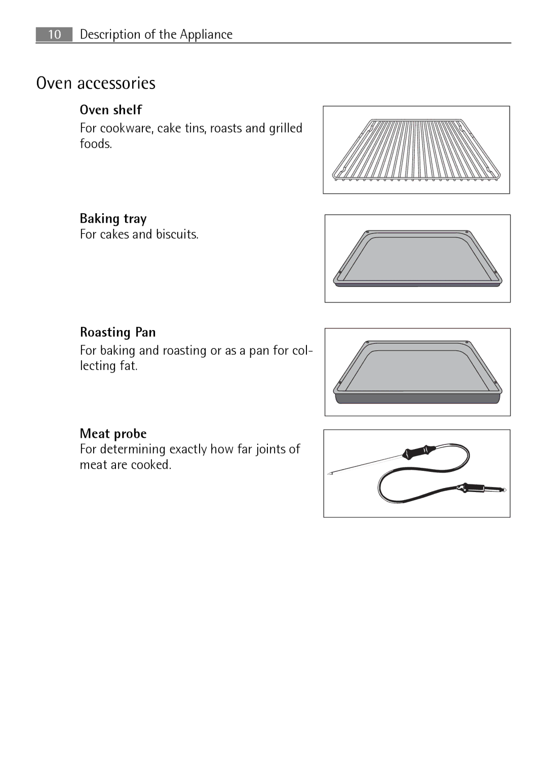 Electrolux B8831-5 user manual Oven accessories, Oven shelf, Baking tray, Roasting Pan, Meat probe 