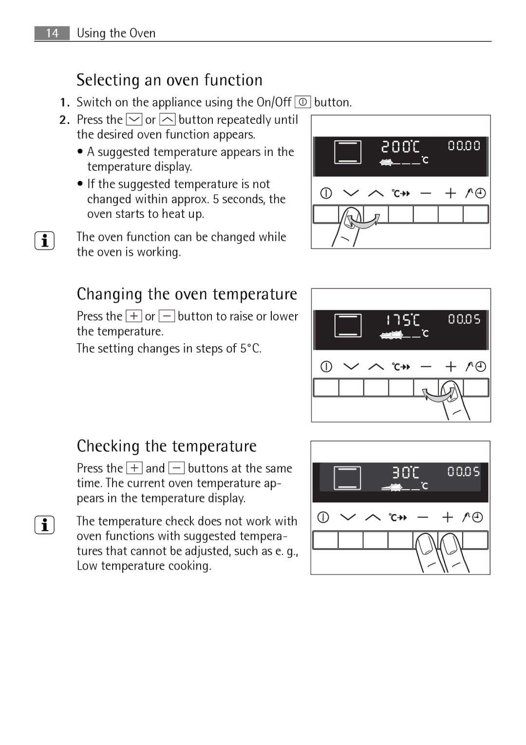 Electrolux B8831-5 user manual Selecting an oven function, Changing the oven temperature, Checking the temperature 