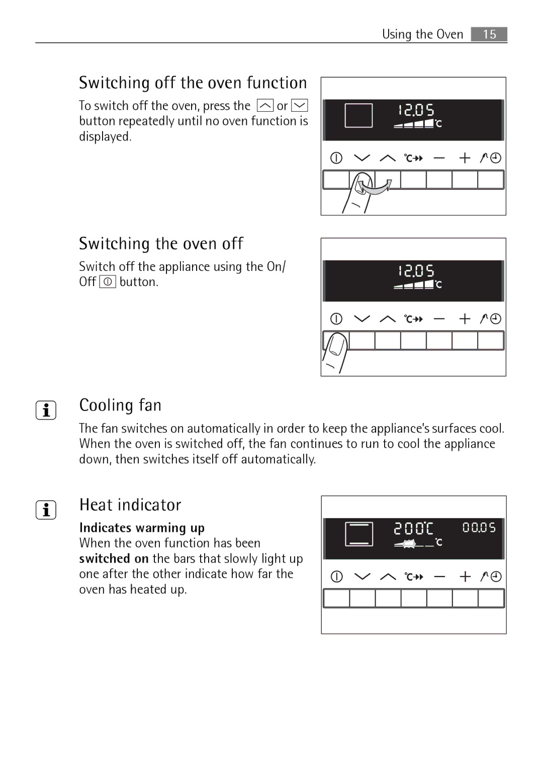 Electrolux B8831-5 user manual Switching off the oven function, Switching the oven off, Cooling fan, Heat indicator 