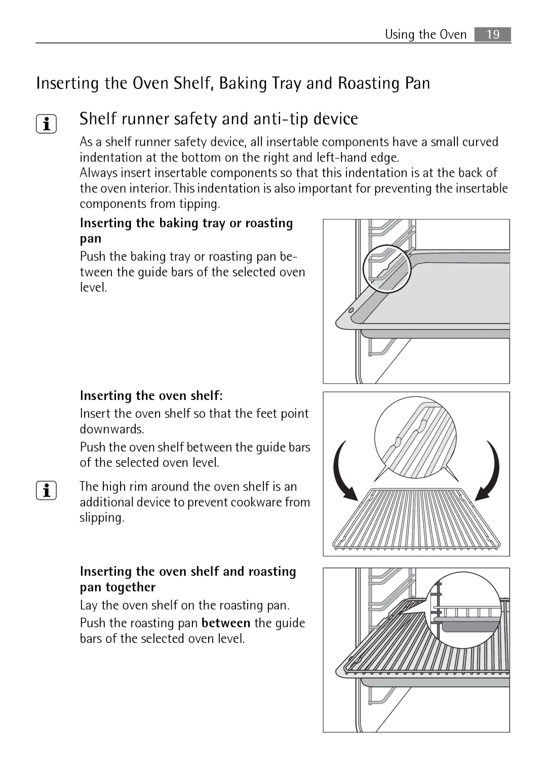 Electrolux B8831-5 user manual Inserting the baking tray or roasting pan, Inserting the oven shelf 