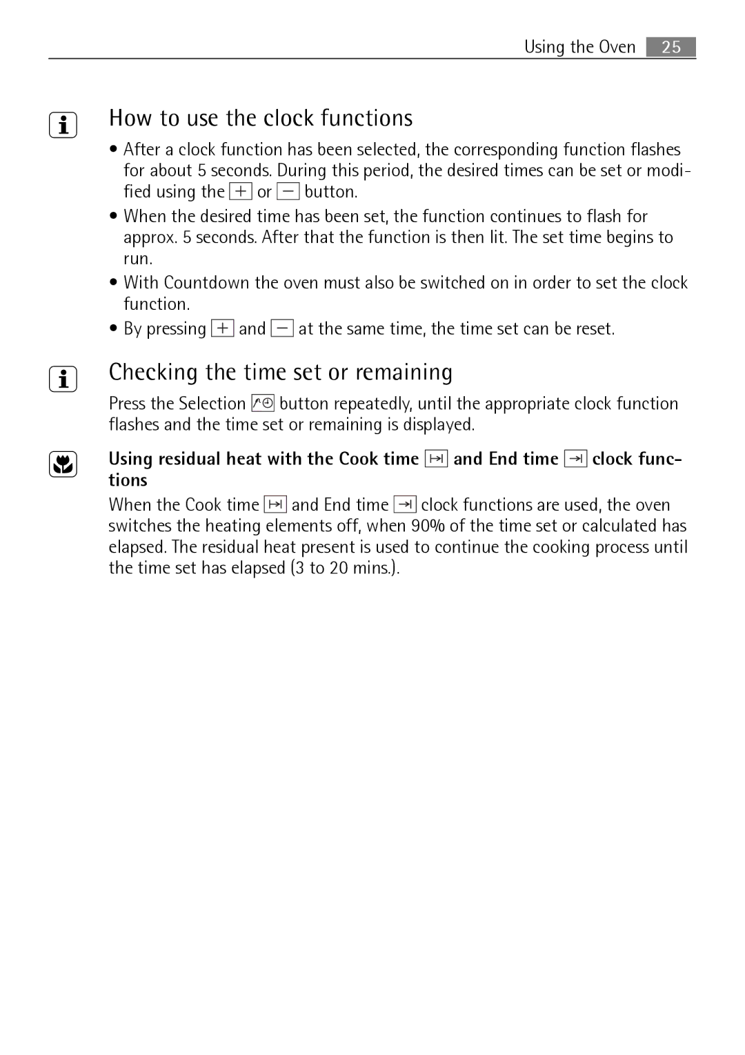 Electrolux B8831-5 user manual How to use the clock functions, Checking the time set or remaining 