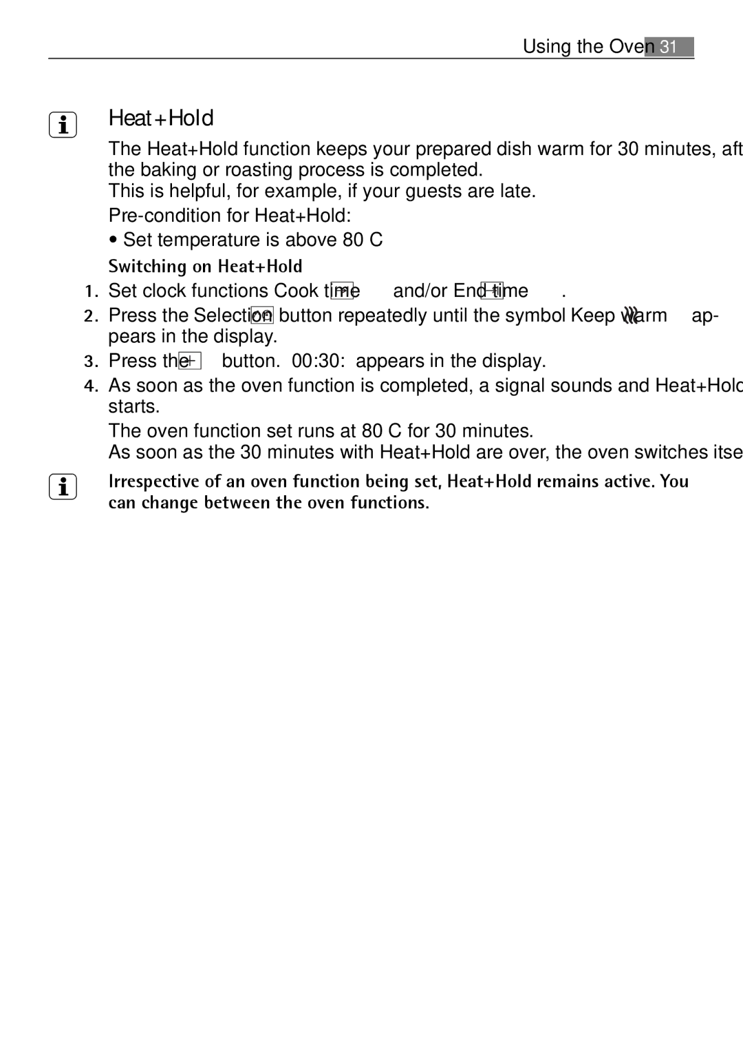 Electrolux B8831-5 user manual Switching on Heat+Hold 