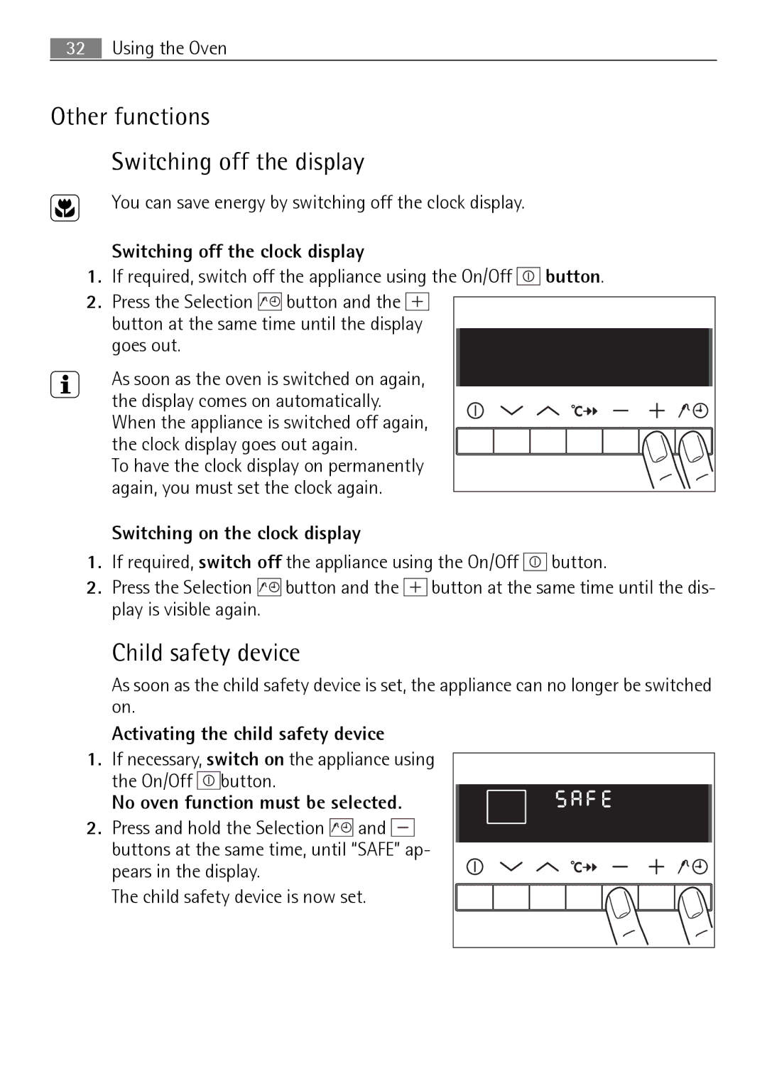 Electrolux B8831-5 user manual Other functions Switching off the display, Child safety device 