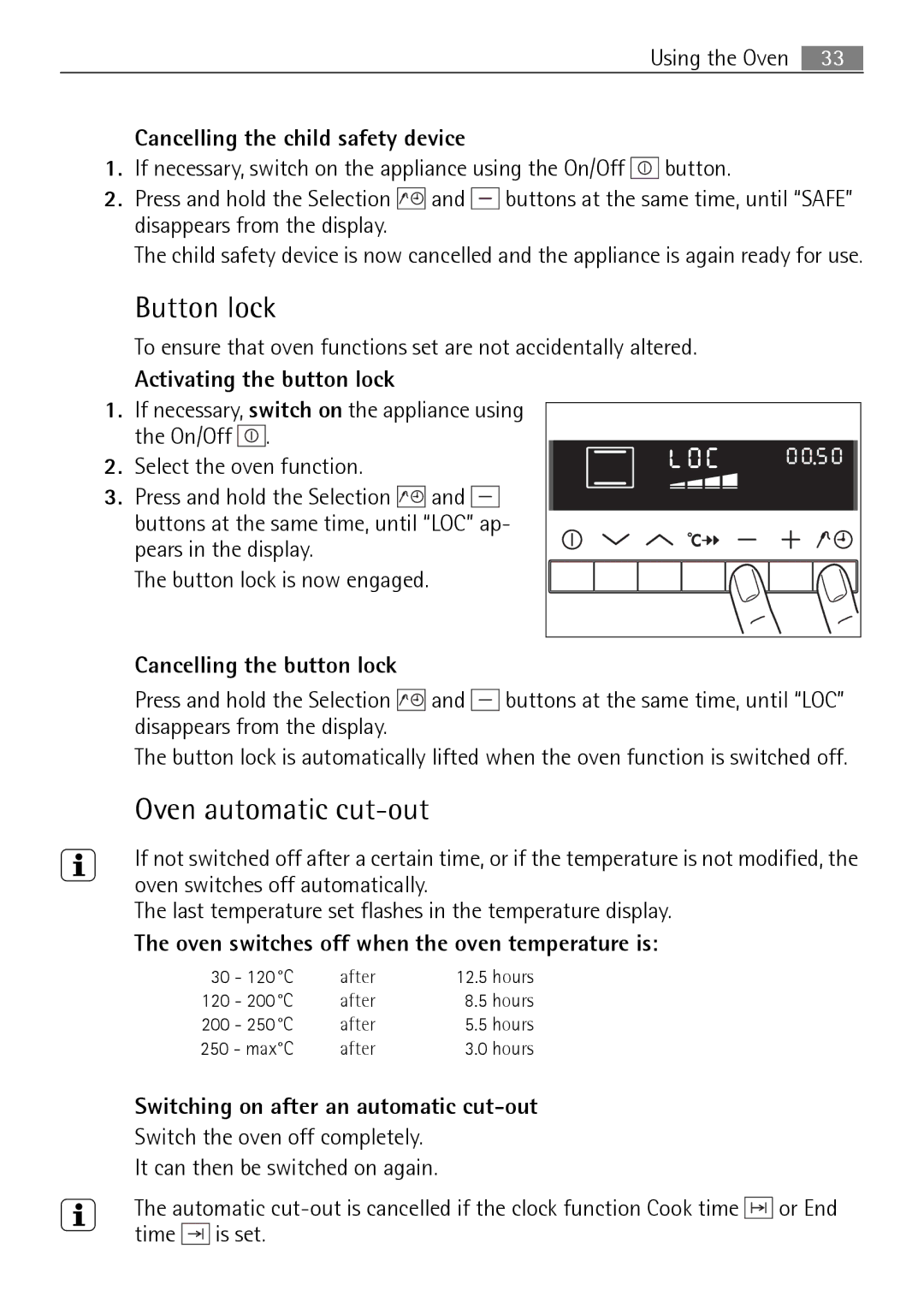 Electrolux B8831-5 user manual Button lock, Oven automatic cut-out 