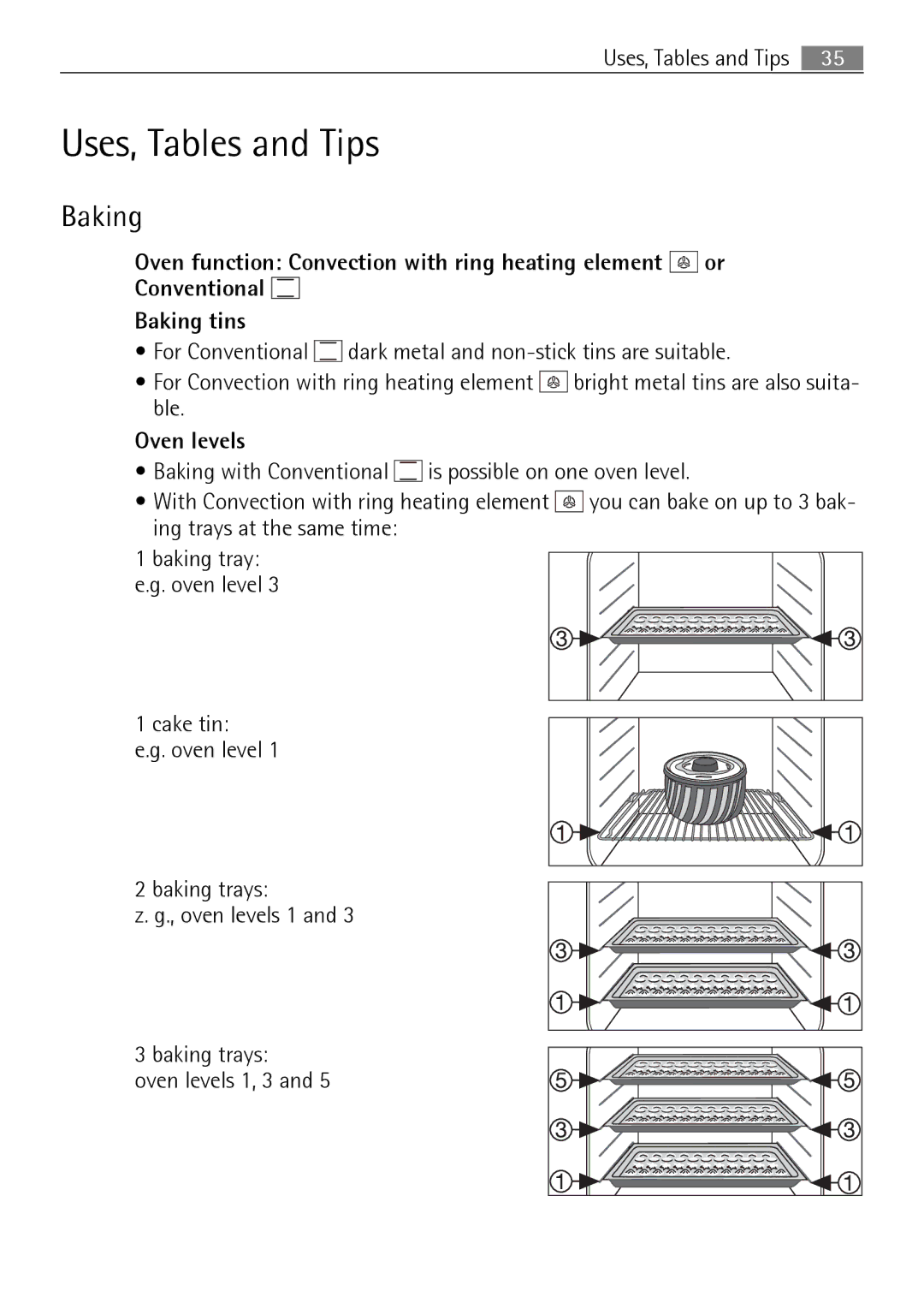 Electrolux B8831-5 user manual Uses, Tables and Tips, Baking, Oven levels 