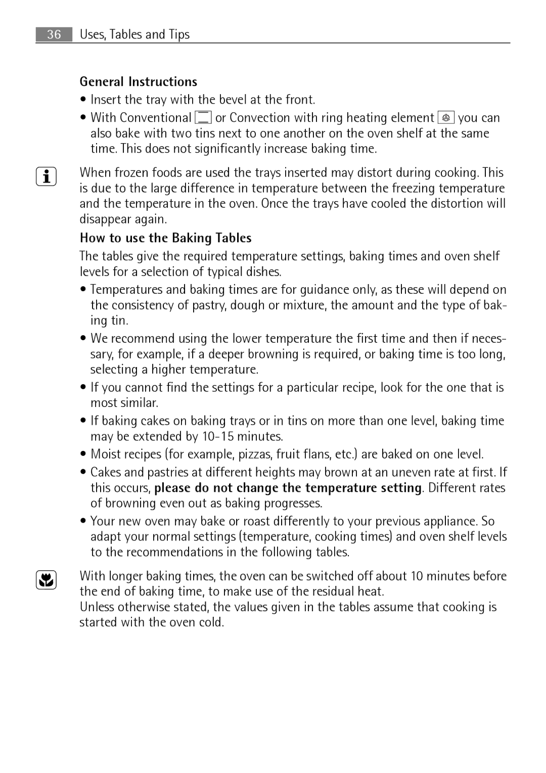 Electrolux B8831-5 user manual General Instructions, How to use the Baking Tables 