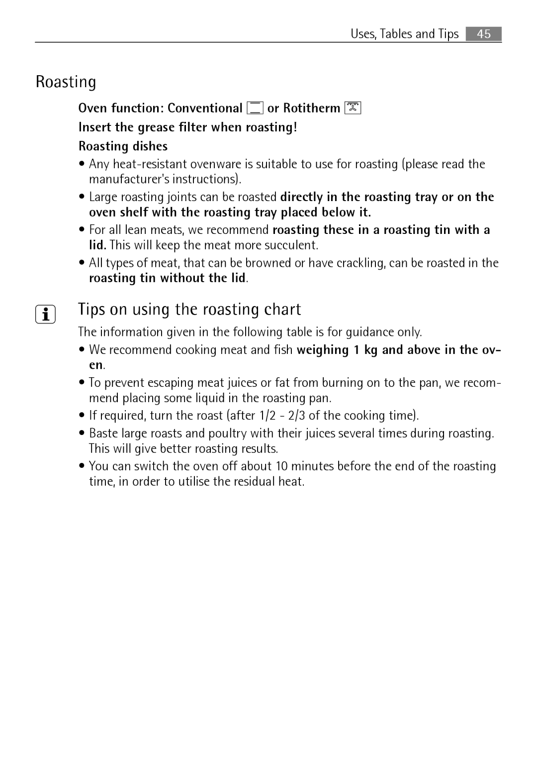 Electrolux B8831-5 user manual Roasting, Tips on using the roasting chart 