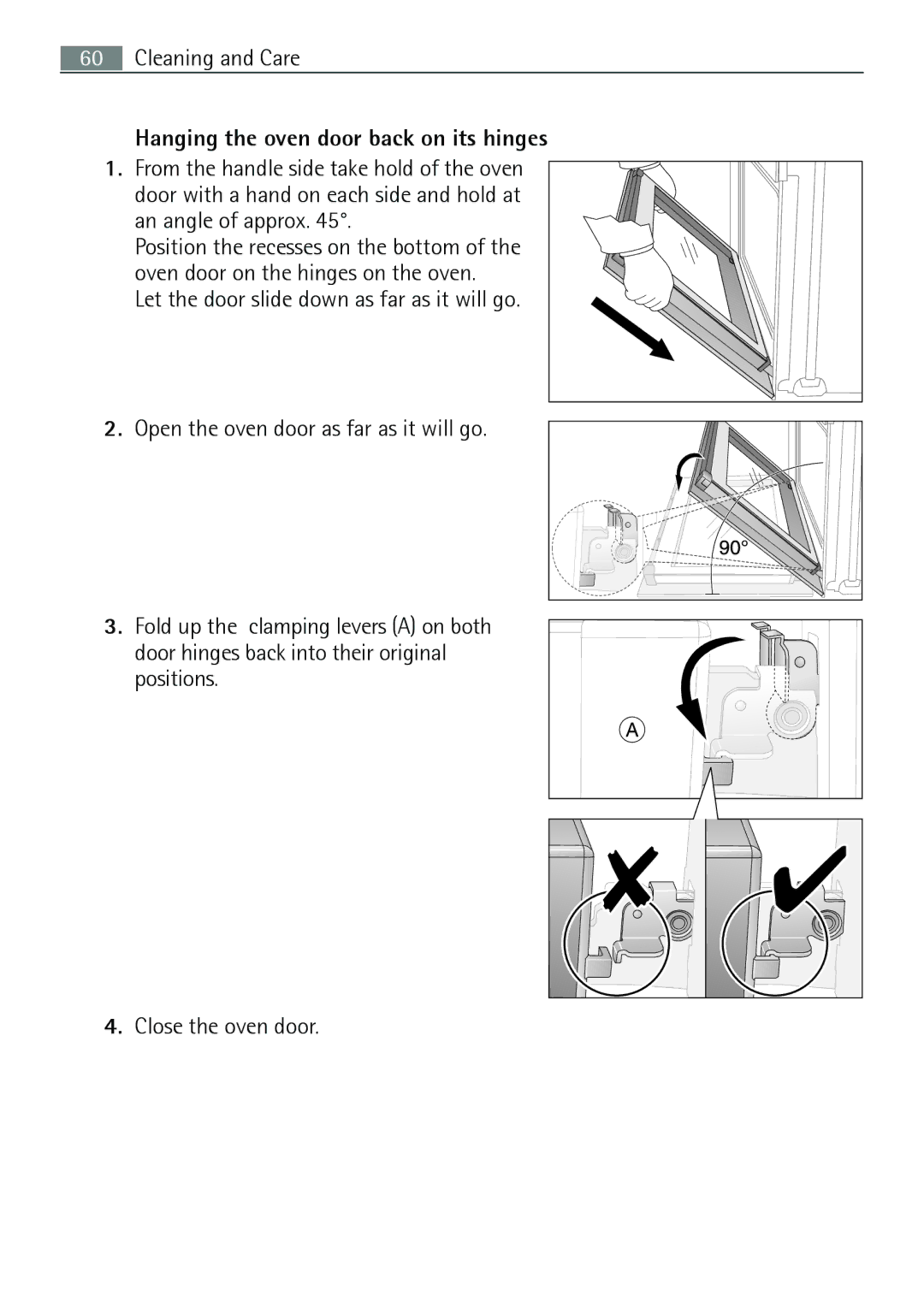 Electrolux B8831-5 user manual Hanging the oven door back on its hinges 