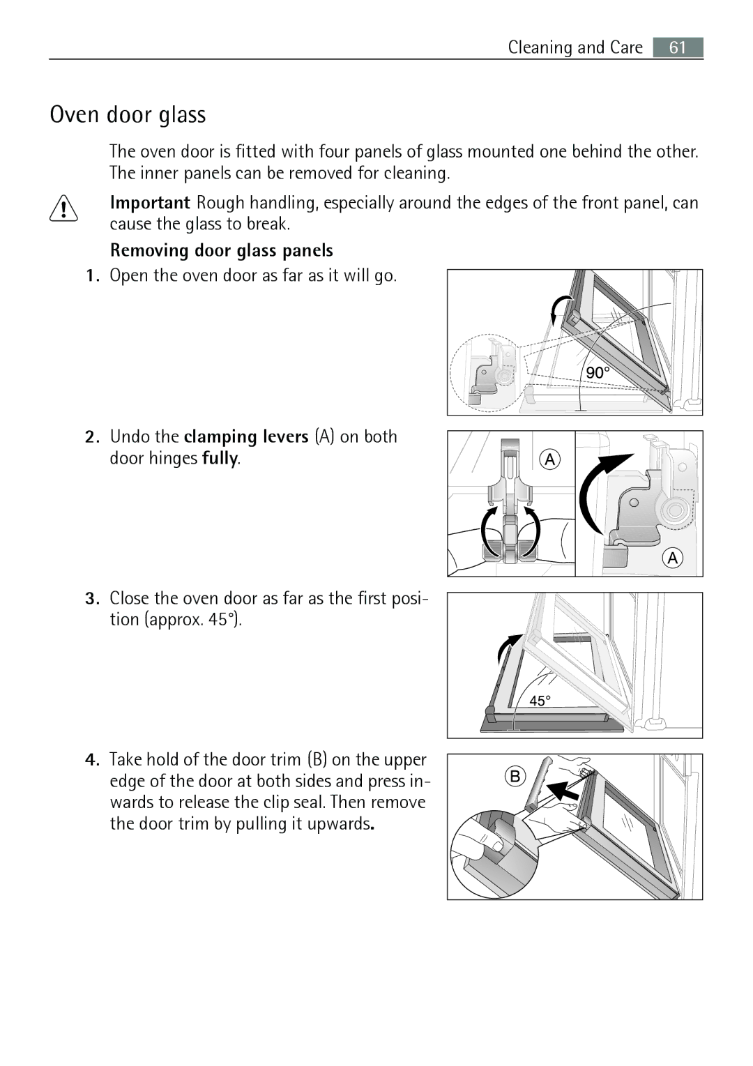 Electrolux B8831-5 user manual Oven door glass, Removing door glass panels 