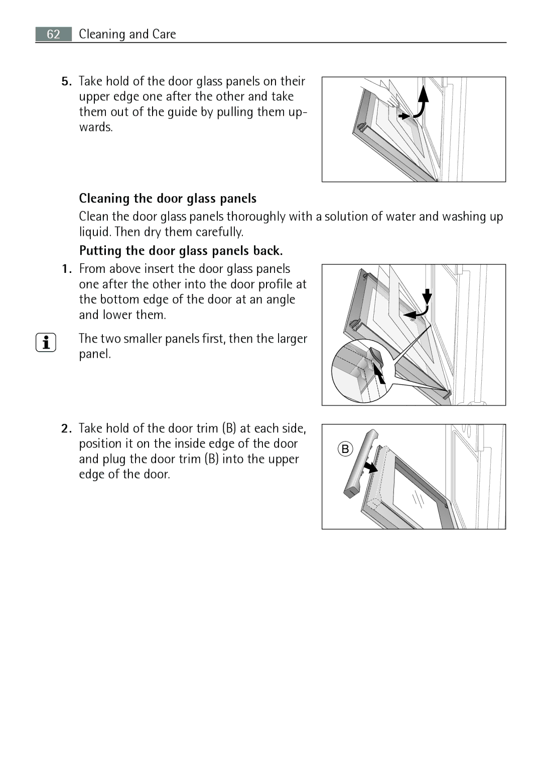 Electrolux B8831-5 user manual Cleaning the door glass panels, Putting the door glass panels back 