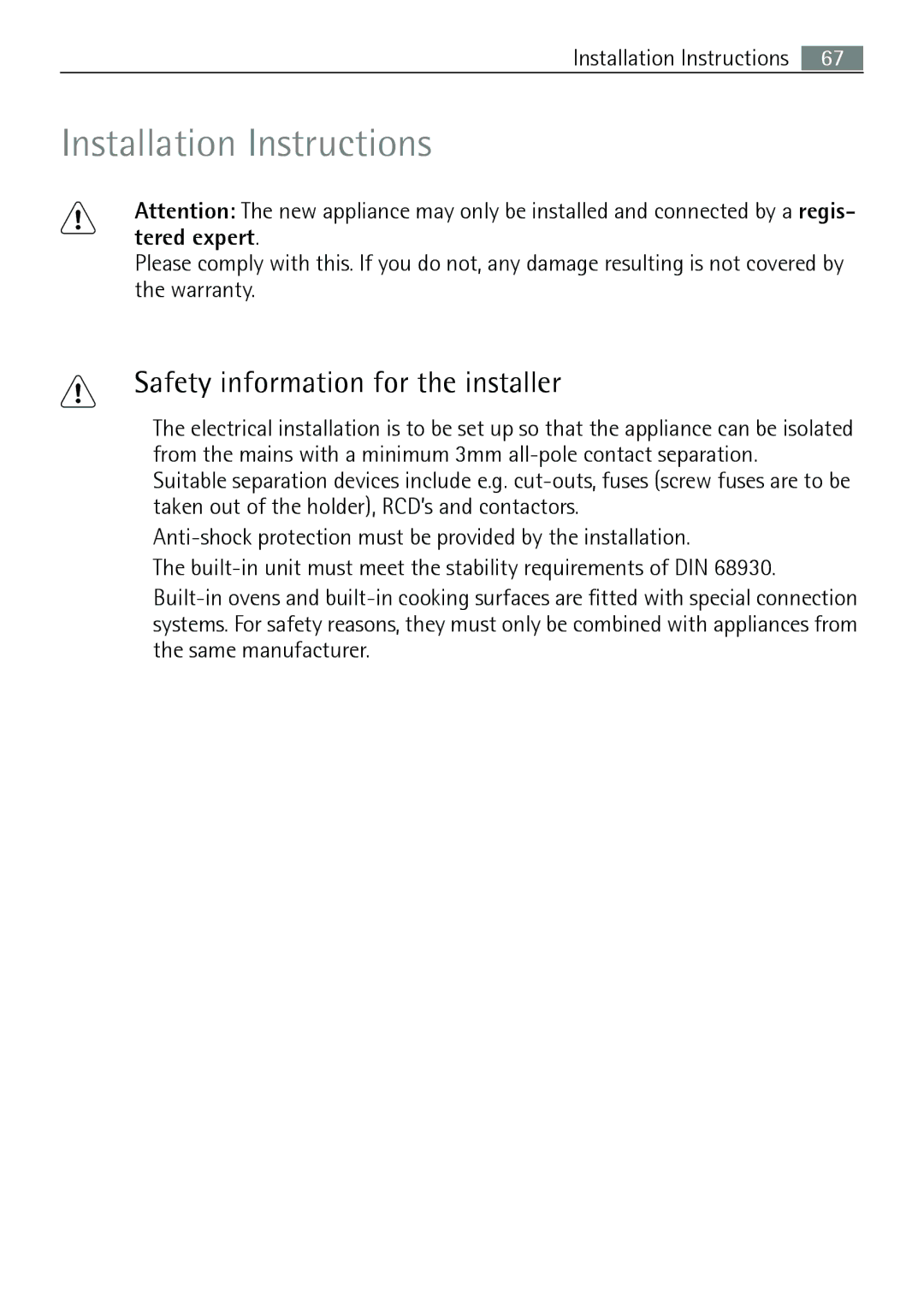 Electrolux B8831-5 user manual Installation Instructions, Safety information for the installer 