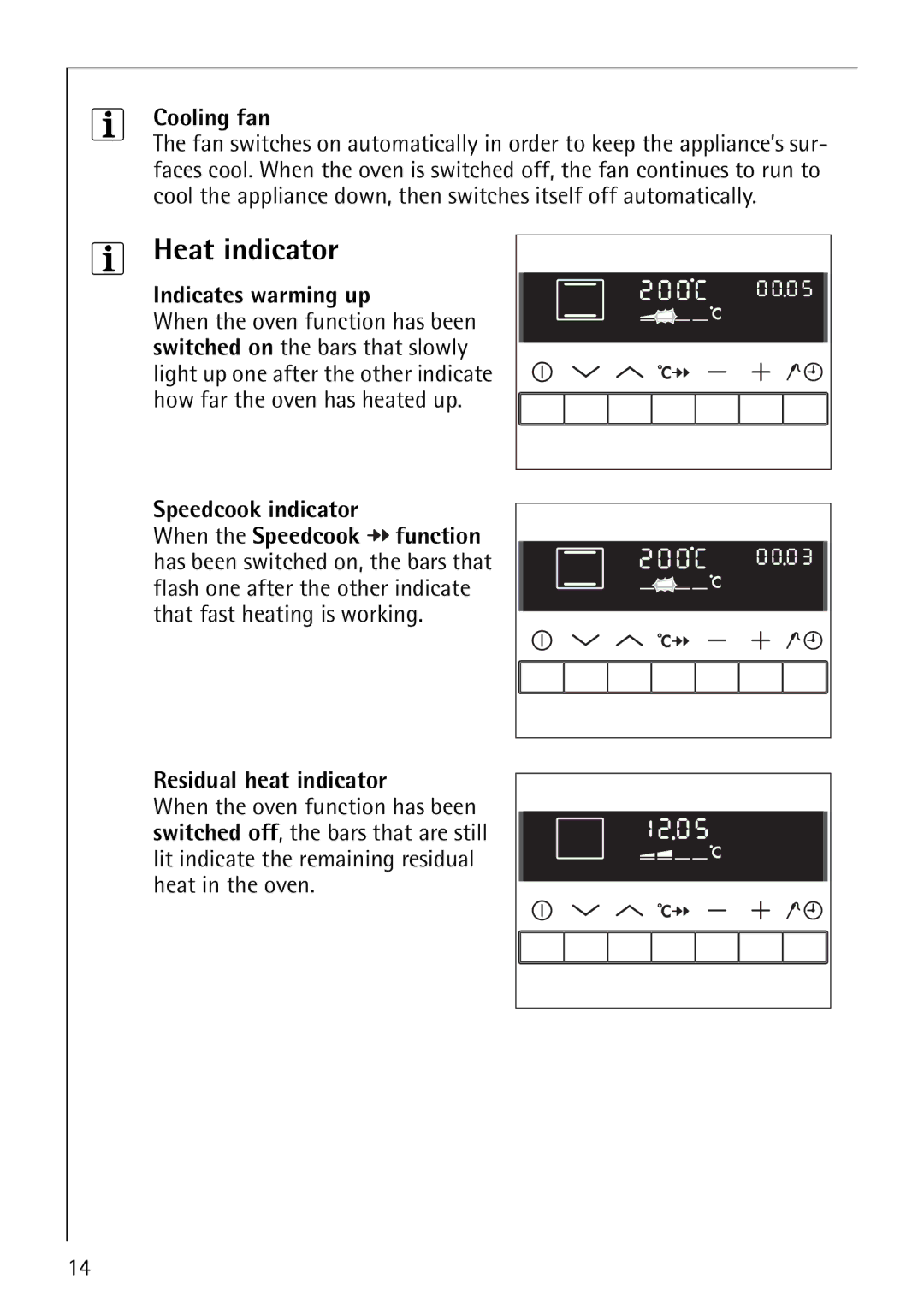 Electrolux B8871-4 manual Heat indicator, Cooling fan, Indicates warming up, Speedcook indicator, Residual heat indicator 