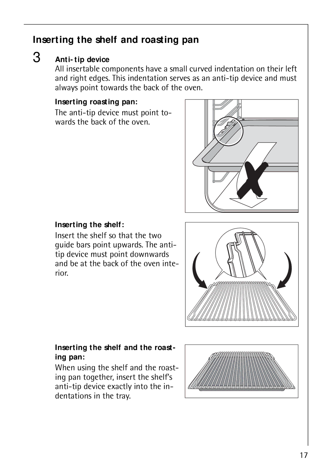 Electrolux B8871-4 manual Inserting the shelf and roasting pan, Anti-tip device, Inserting roasting pan 