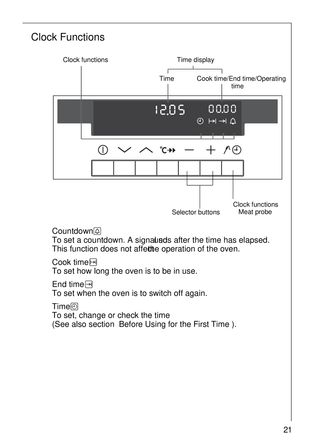 Electrolux B8871-4 manual Clock Functions, Countdown, Cook time, End time, Time 