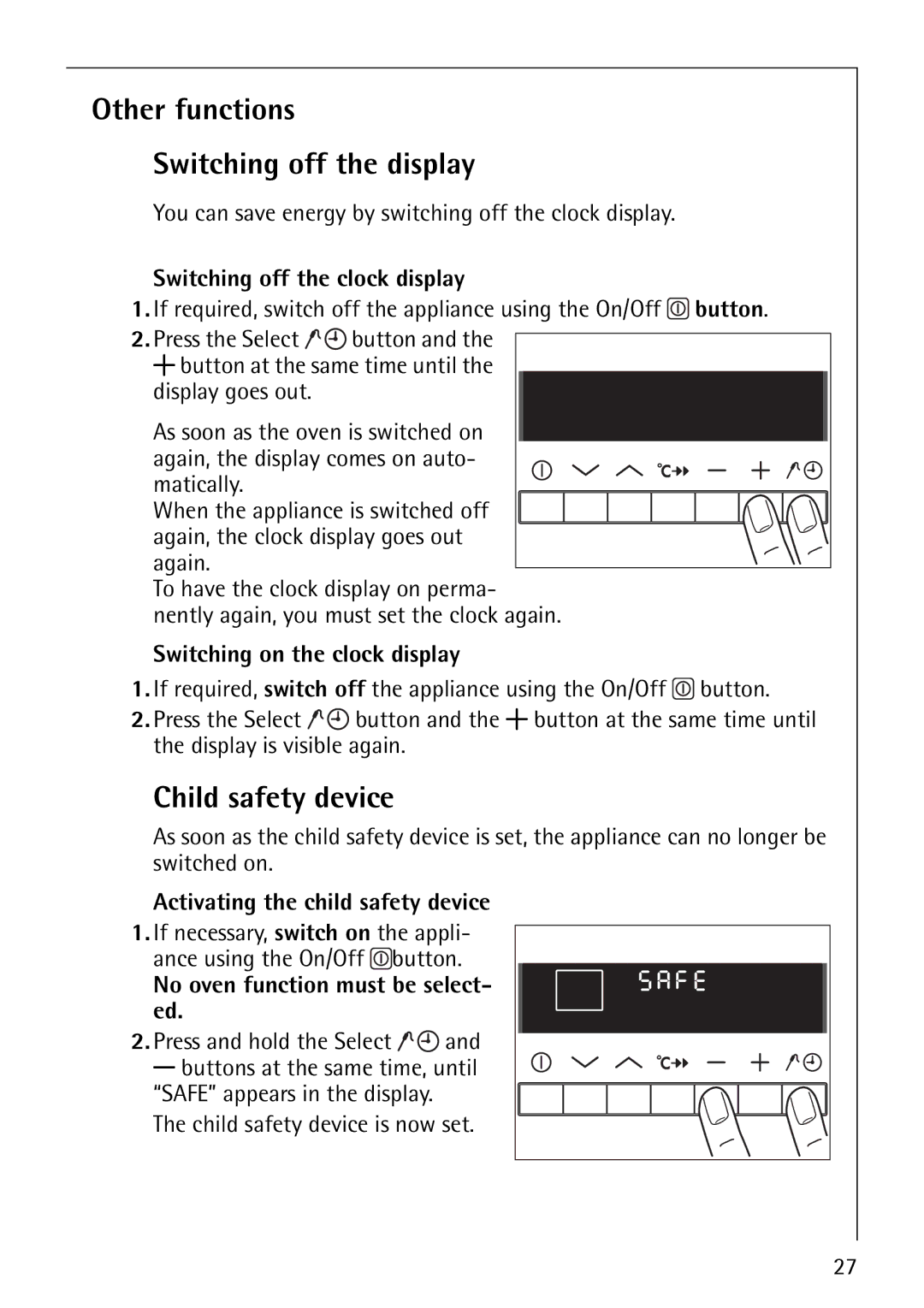 Electrolux B8871-4 manual Other functions Switching off the display, Child safety device 