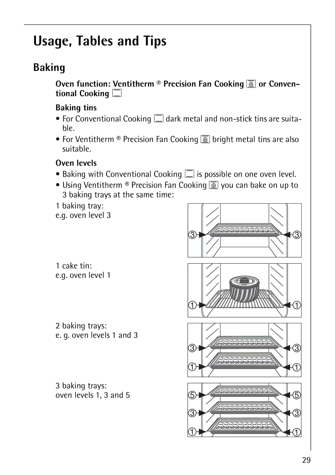 Electrolux B8871-4 manual Usage, Tables and Tips, Baking, Oven levels 