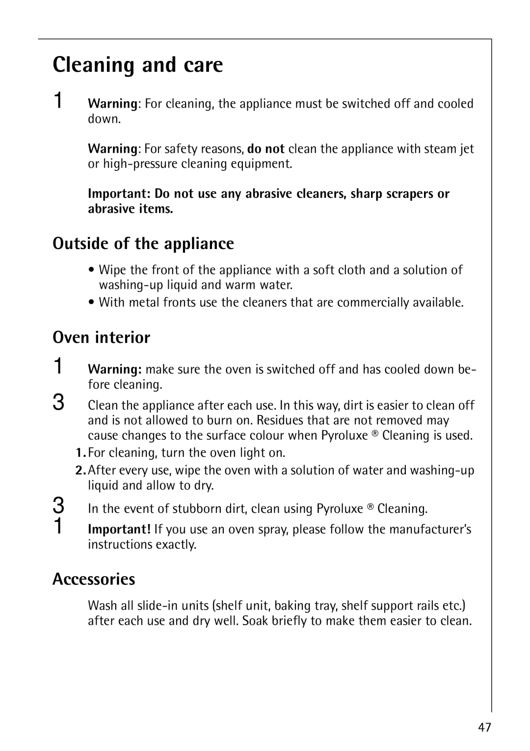 Electrolux B8871-4 manual Cleaning and care, Outside of the appliance 