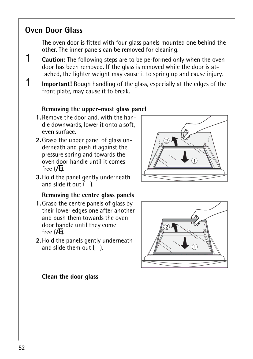 Electrolux B8871-4 manual Oven Door Glass, Removing the upper-most glass panel, Removing the centre glass panels 