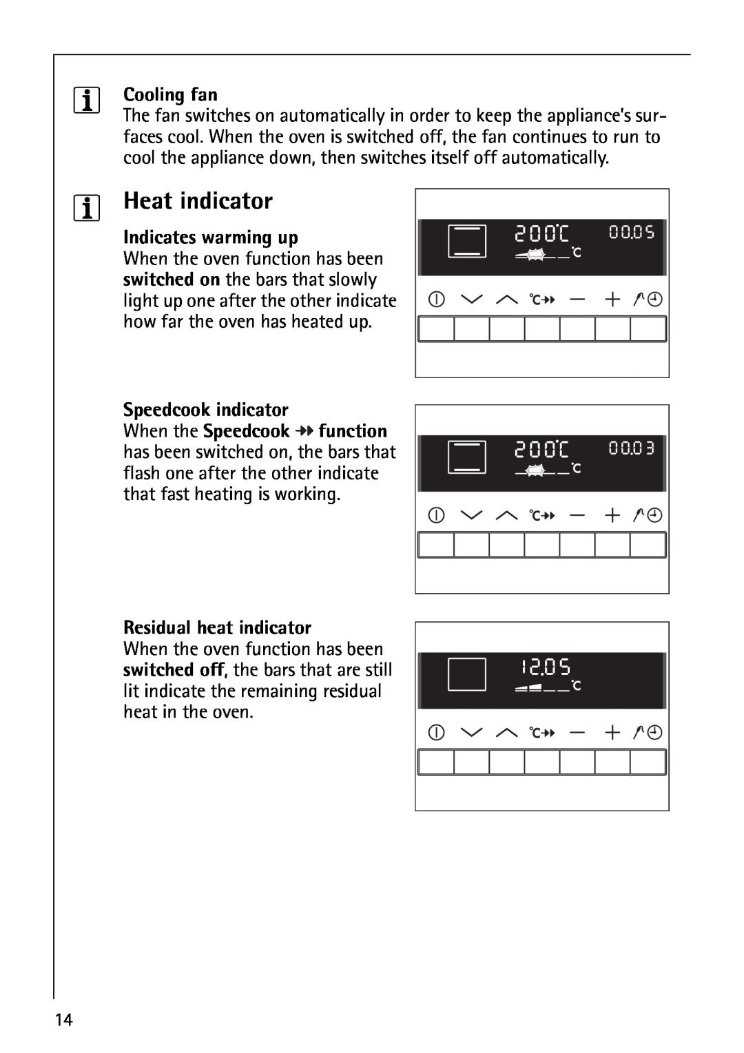 Electrolux B8871-4 manual Heat indicator, Cooling fan, Indicates warming up, Speedcook indicator, Residual heat indicator 