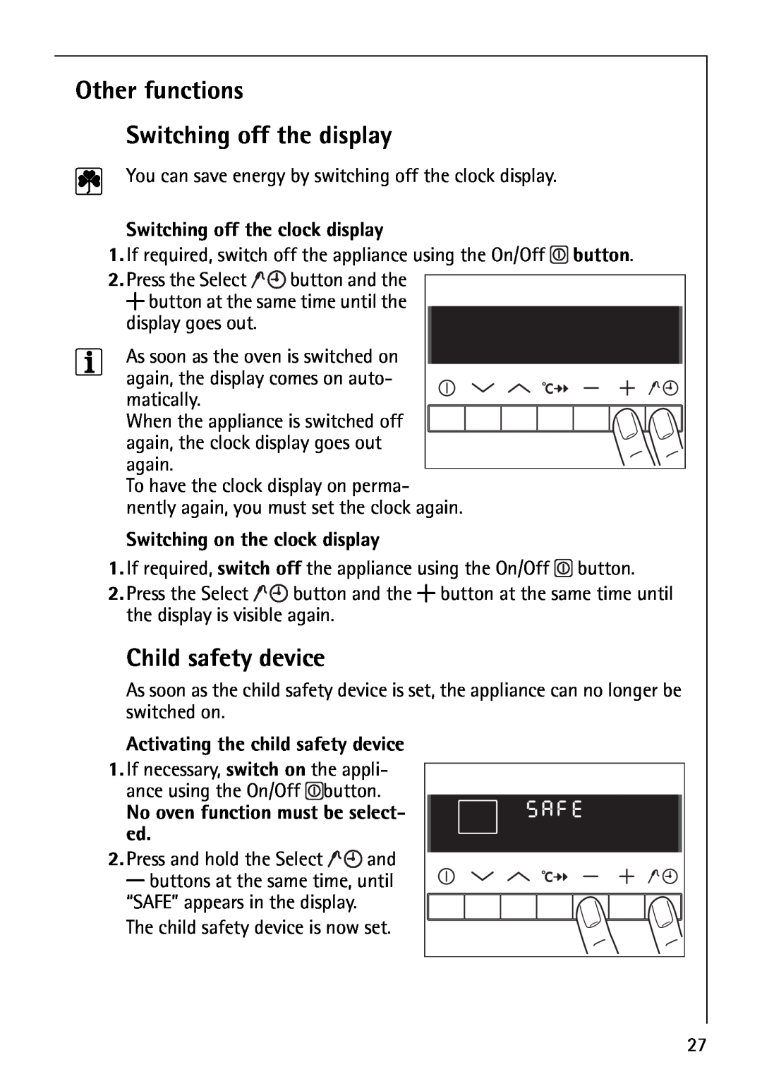Electrolux B8871-4 manual Other functions Switching off the display, Child safety device, Switching off the clock display 