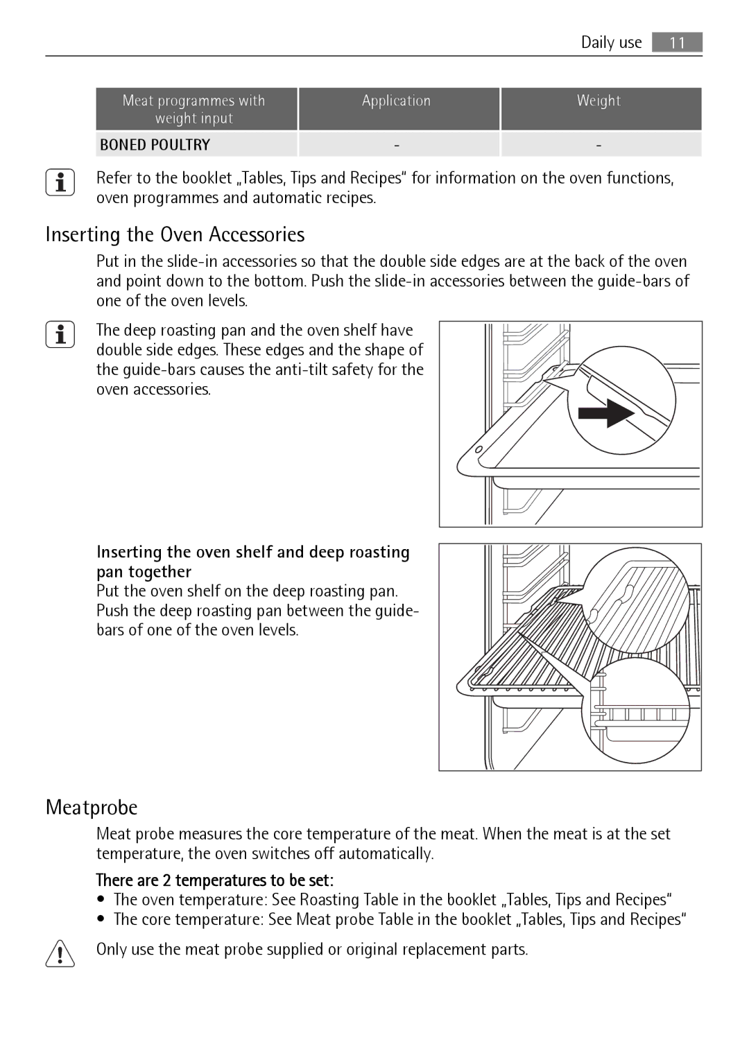 Electrolux B9831-5 Inserting the Oven Accessories, Meatprobe, Inserting the oven shelf and deep roasting pan together 